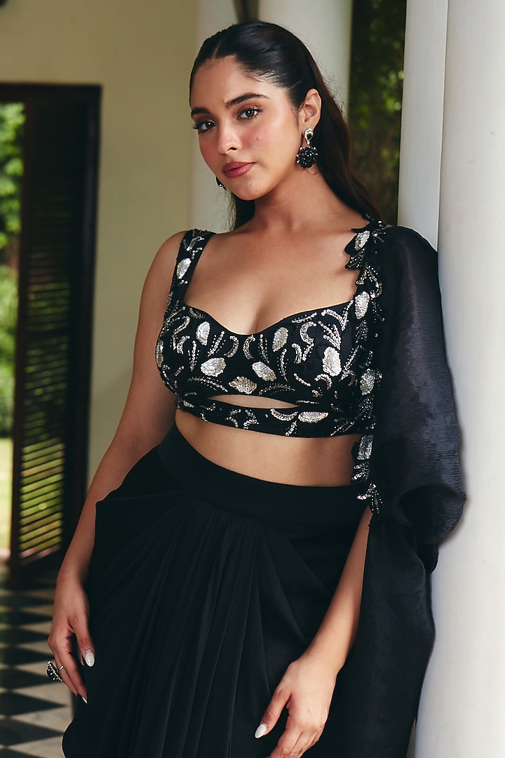 Jade Black Chiffon Organza Embroidered Cape Set by CP by Chandini and Priyanka at Pernia's Pop Up Shop