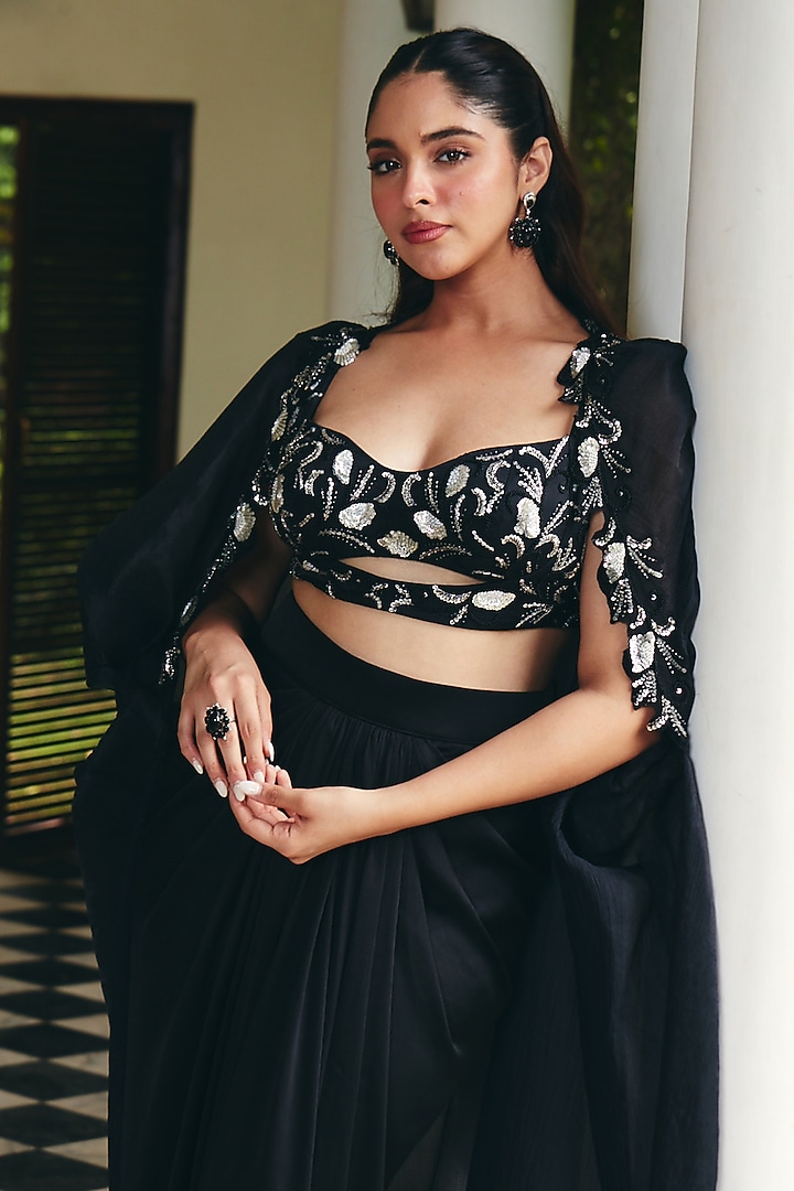 Jade Black Chiffon Organza Embroidered Cape Set by CP by Chandini and Priyanka at Pernia's Pop Up Shop