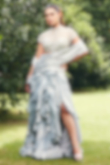 Ice Grey Foil Satin Ruffled Engagement Gown With Blouse by CP by Chandini and Priyanka at Pernia's Pop Up Shop