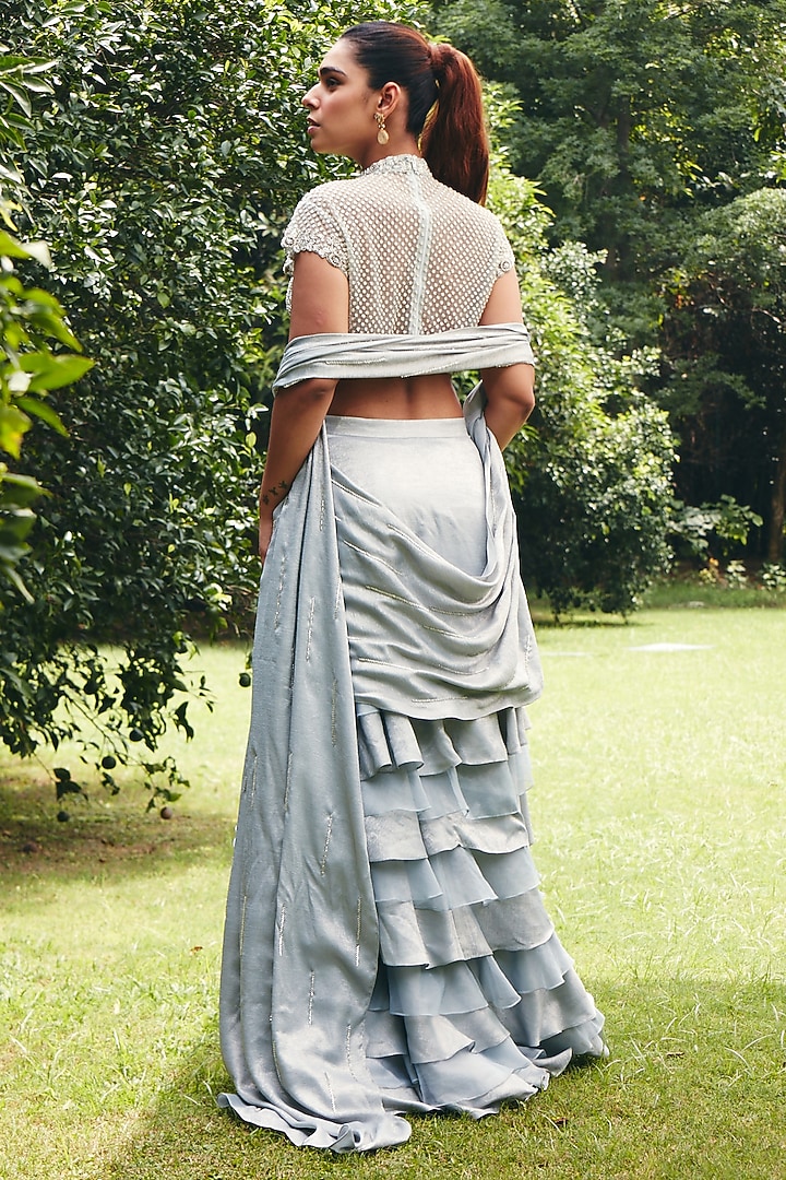 Ice Grey Foil Satin Ruffled Engagement Gown With Blouse by CP by Chandini and Priyanka at Pernia's Pop Up Shop