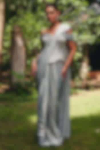 Ice Grey Foil Satin Pre-Draped Wedding Saree by CP by Chandini and Priyanka at Pernia's Pop Up Shop