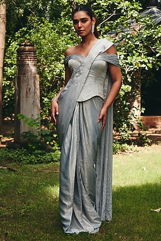 Ice Grey Foil Satin Pre-Draped Saree by CP by Chandini and Priyanka