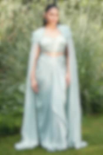 Sage Green Chinon Chiffon Embroidered Cape Set by CP by Chandini and Priyanka at Pernia's Pop Up Shop