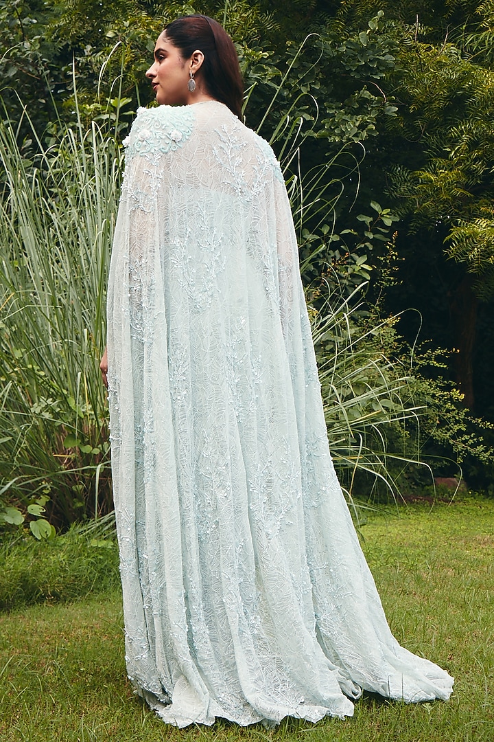 Sage Green Chinon Chiffon Embroidered Cape Set by CP by Chandini and Priyanka at Pernia's Pop Up Shop