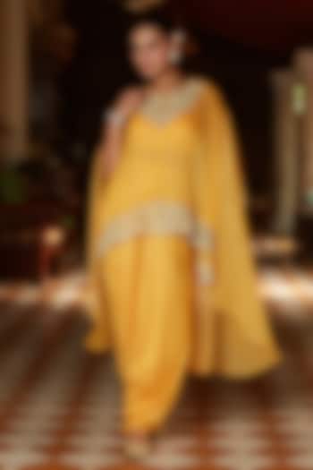 Canary Yellow Chiffon Organza Embroidered Cape Set by CP by Chandini and Priyanka at Pernia's Pop Up Shop