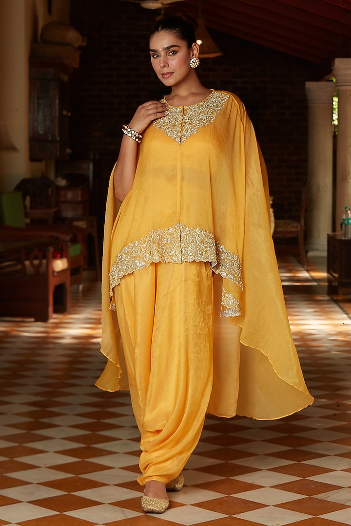 Canary Yellow Chiffon Organza Embroidered Cape Set by CP by Chandini and Priyanka at Pernia's Pop Up Shop