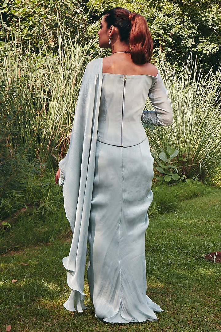 Sage Green Imported Satin Pre-Draped Skirt Party Wear Saree Set by CP by Chandini and Priyanka at Pernia's Pop Up Shop