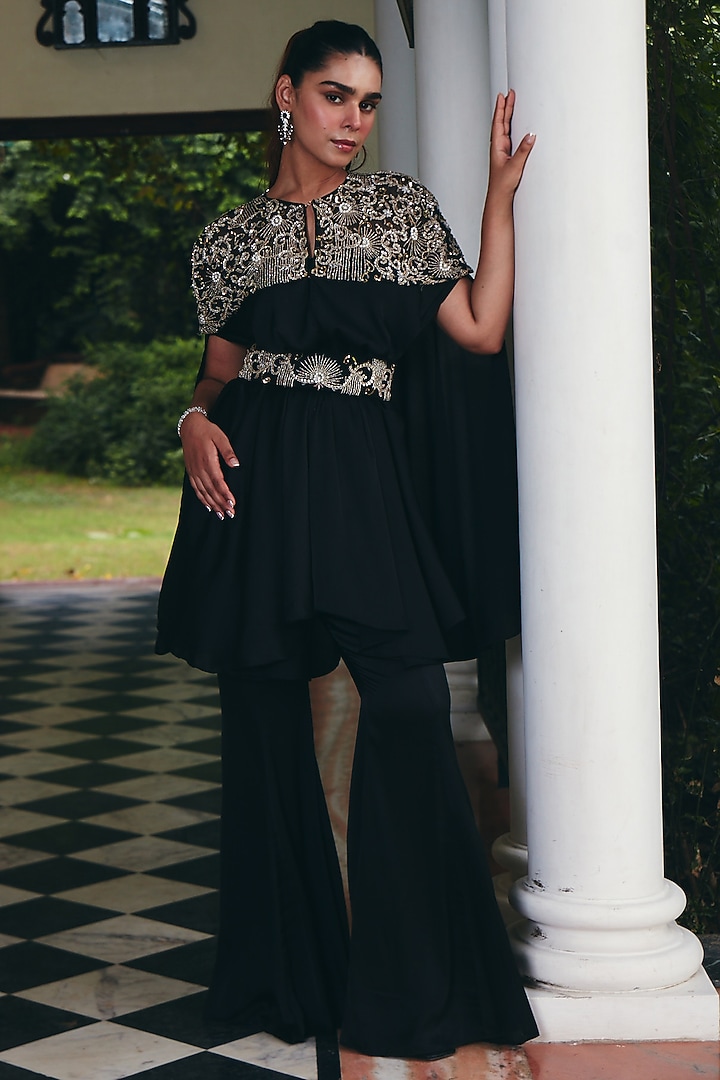 Jade Black Imported Satin Embroidered Cape Set by CP by Chandini and Priyanka at Pernia's Pop Up Shop