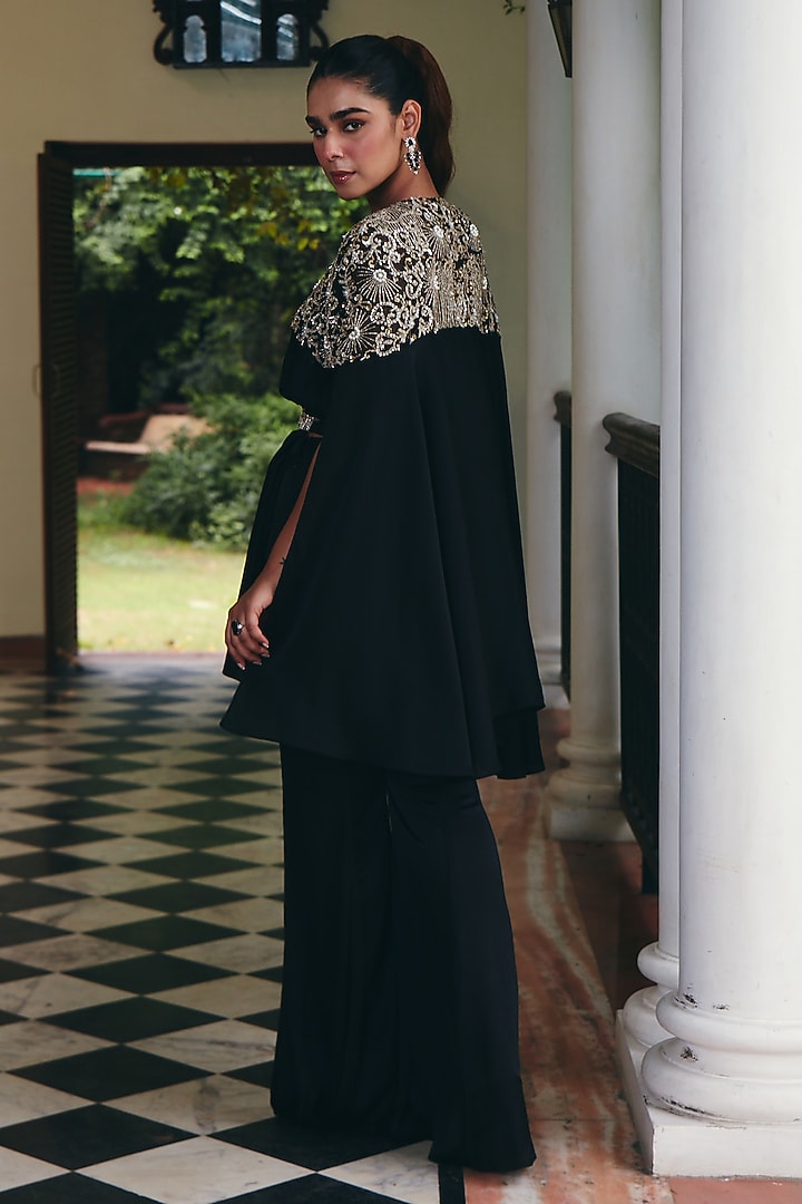 Jade Black Imported Satin Embroidered Cape Set by CP by Chandini and Priyanka at Pernia's Pop Up Shop