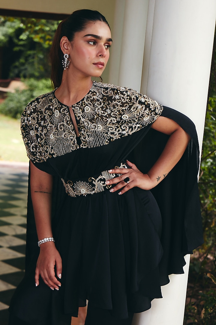 Jade Black Imported Satin Embroidered Cape Set by CP by Chandini and Priyanka at Pernia's Pop Up Shop