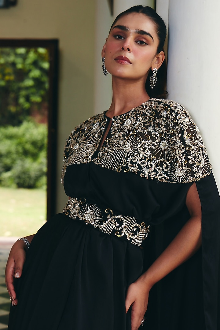 Jade Black Imported Satin Embroidered Cape Set by CP by Chandini and Priyanka at Pernia's Pop Up Shop