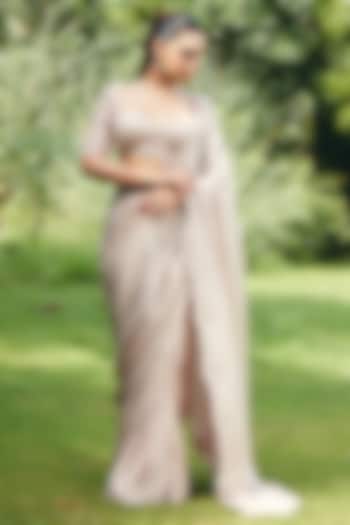 Blush Peach Foil Satin Pre-Draped Wedding Saree Set by CP by Chandini and Priyanka at Pernia's Pop Up Shop