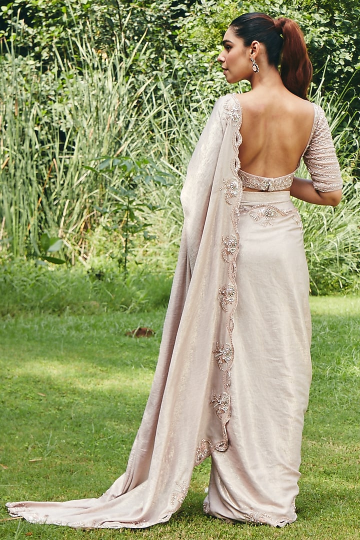 Blush Peach Foil Satin Pre-Draped Wedding Saree Set by CP by Chandini and Priyanka at Pernia's Pop Up Shop