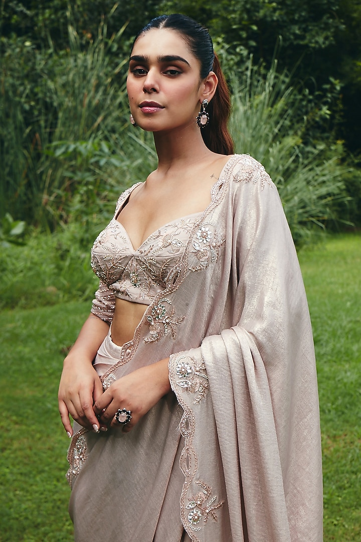 Blush Peach Foil Satin Pre-Draped Wedding Saree Set by CP by Chandini and Priyanka at Pernia's Pop Up Shop