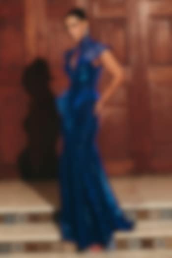 Sapphire Blue Textured Polyester Corset Engagement Gown by CP by Chandini and Priyanka at Pernia's Pop Up Shop