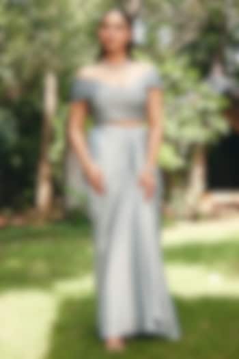 Ice Grey Foil Satin Pre-Draped Skirt Set by CP by Chandini and Priyanka at Pernia's Pop Up Shop