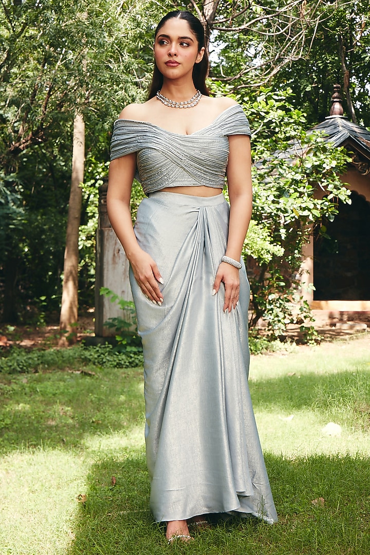 Ice Grey Foil Satin Pre-Draped Skirt Set by CP by Chandini and Priyanka at Pernia's Pop Up Shop