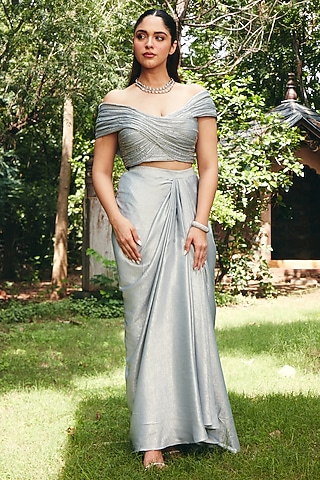 Ice Grey Foil Satin Pre-Draped Skirt Set by CP by Chandini and Priyanka