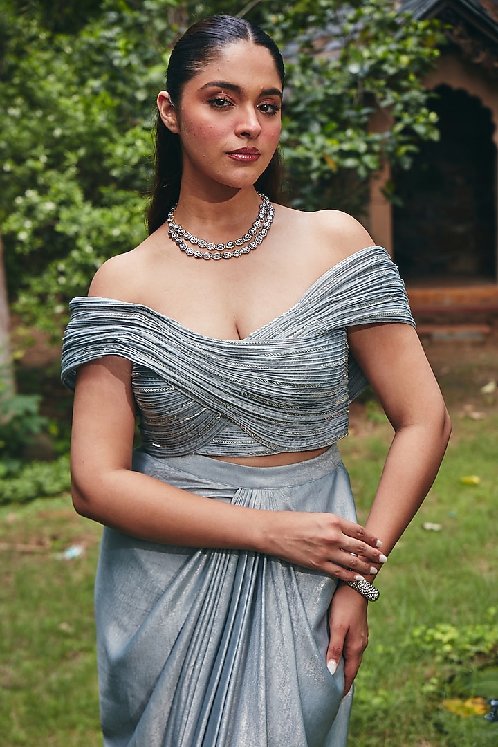 Ice Grey Foil Satin Pre-Draped Skirt Set by CP by Chandini and Priyanka at Pernia's Pop Up Shop
