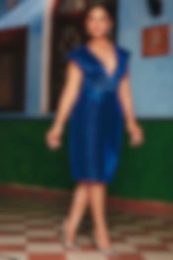 Sapphire Blue Textured Polyester Embroidered Midi Vacation Dress by CP by Chandini and Priyanka at Pernia's Pop Up Shop