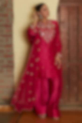 Ruby Pink Chanderi Silk Embroidered Kurta Set by CP by Chandini and Priyanka at Pernia's Pop Up Shop