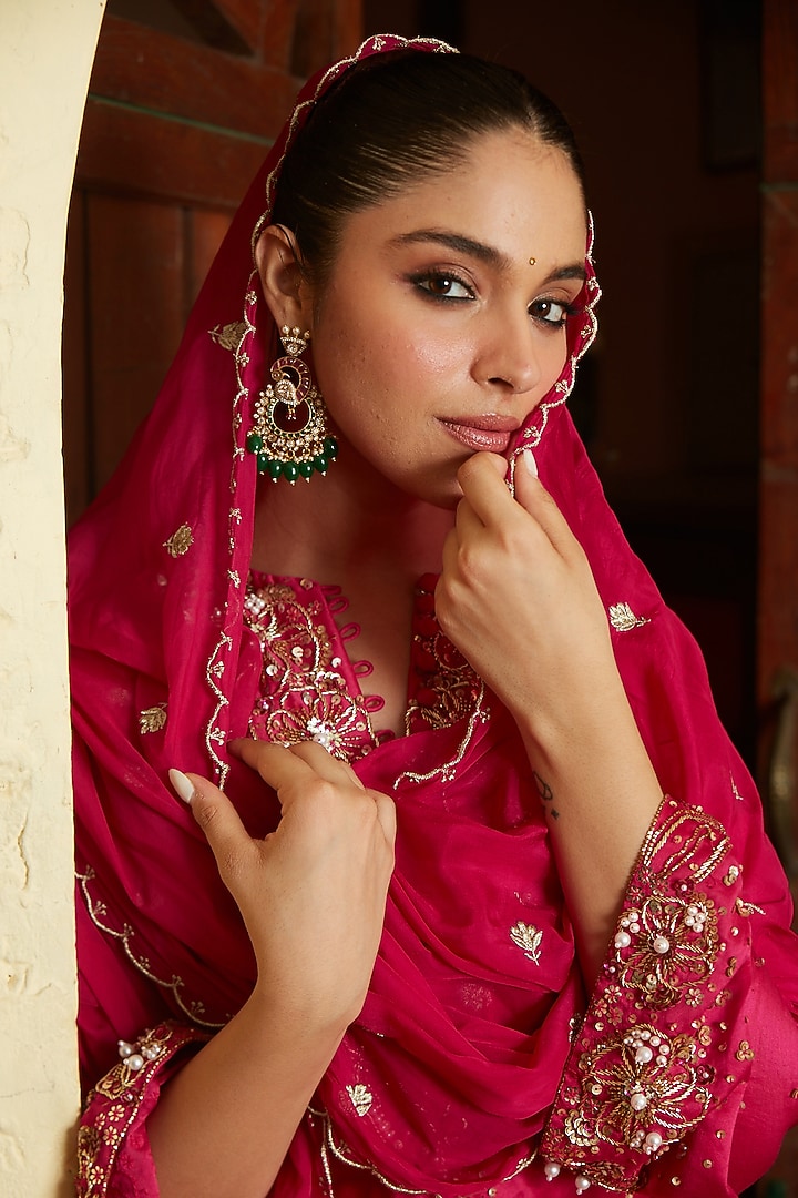Ruby Pink Chanderi Silk Embroidered Kurta Set by CP by Chandini and Priyanka at Pernia's Pop Up Shop