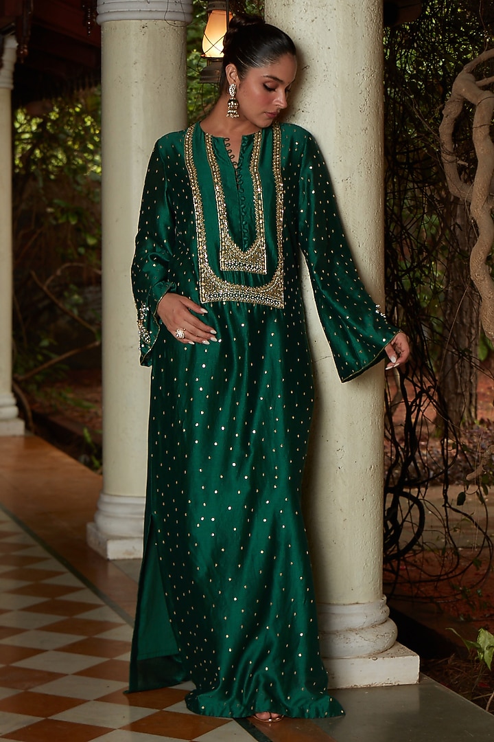 Emerald Green Chanderi Silk Embroidered Kaftan by CP by Chandini and Priyanka at Pernia's Pop Up Shop