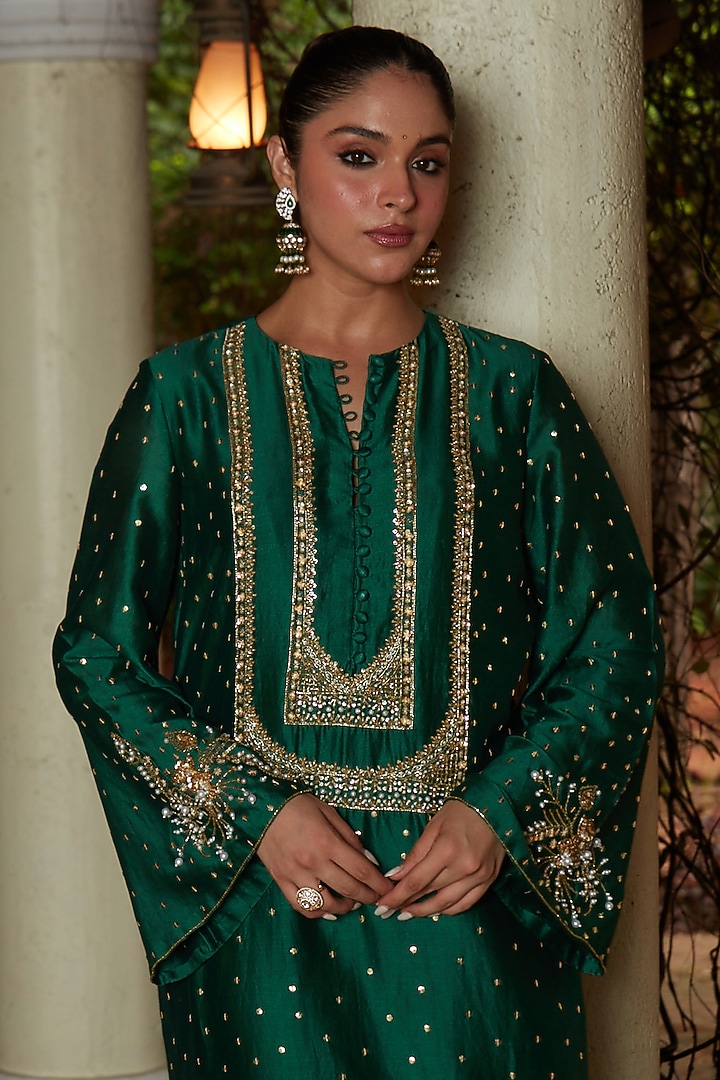 Emerald Green Chanderi Silk Embroidered Kaftan by CP by Chandini and Priyanka at Pernia's Pop Up Shop