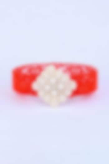 Red Stretchable Nylon Handcrafted Pearl Embroidered Hairband For Girls by CHOKO