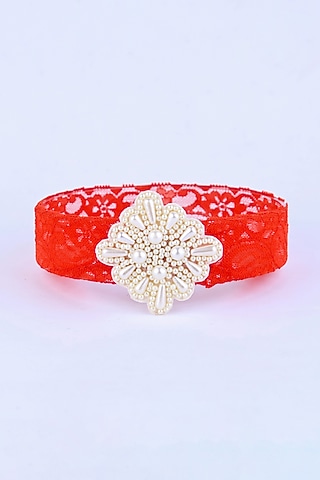 Red Stretchable Nylon Handcrafted Pearl Embroidered Hairband For Girls by CHOKO