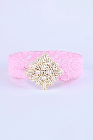 Pink Stretchable Nylon Pearl Embroidered Handcrafted Hairband For Girls by CHOKO
