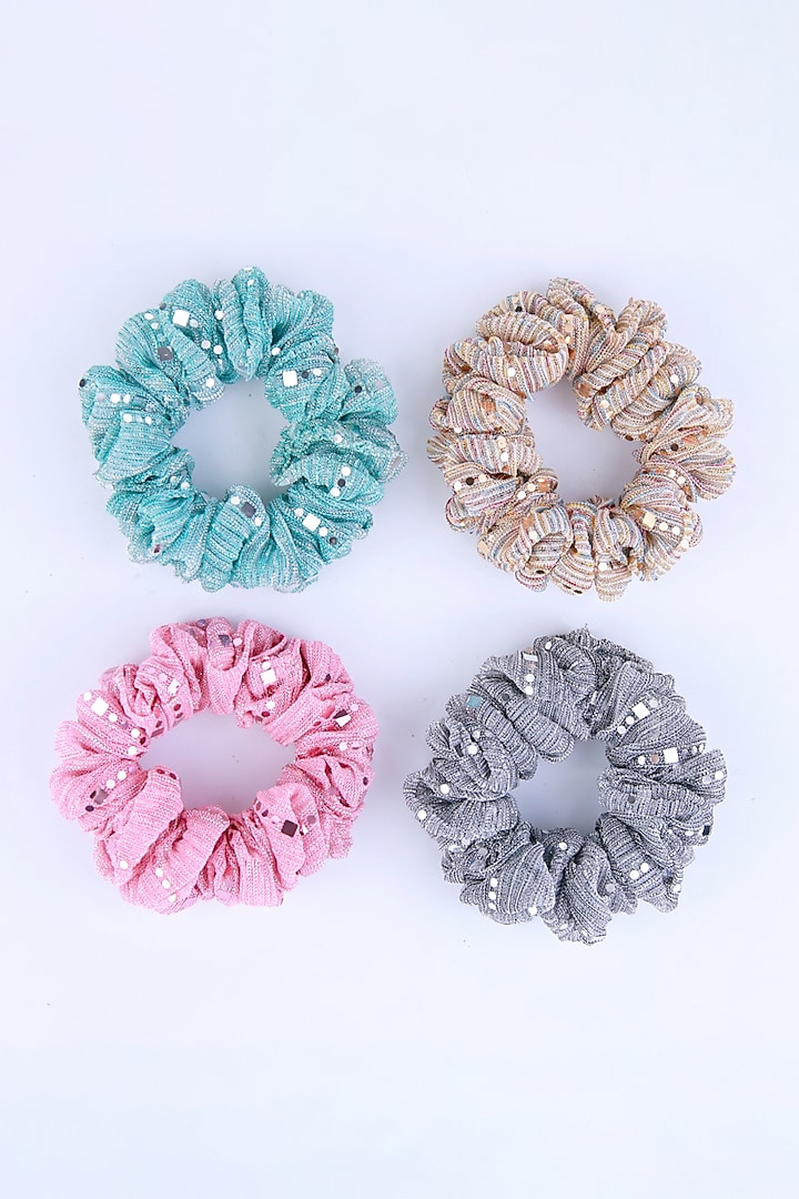 Multi-Colored Stretchable Lycra Sequins Embroidered Scrunchies (Set Of 4) by CHOKO