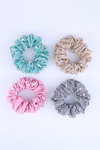 Multi-Colored Stretchable Lycra Sequins Embroidered Scrunchies (Set Of 4) by CHOKO