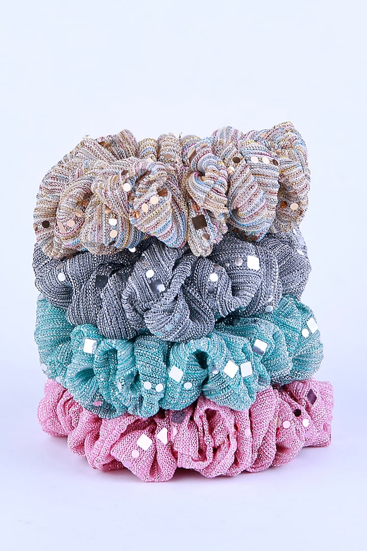 Multi-Colored Stretchable Lycra Sequins Embroidered Scrunchies (Set Of 4) by CHOKO at Pernia's Pop Up Shop