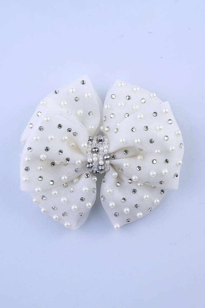 Off-White Satin Crystal Bead Embroidered Handcrafted Bow Hair Clip by CHOKO