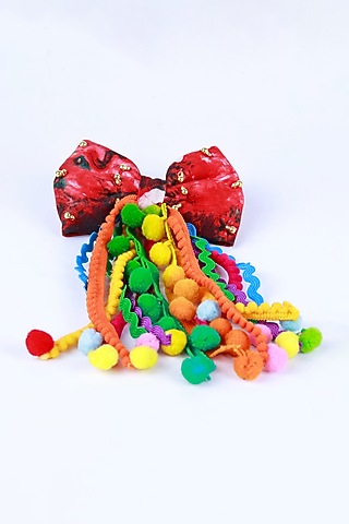 Red Cotton Handcrafted Pom-Pom Bow Hair Clip For Girls by CHOKO