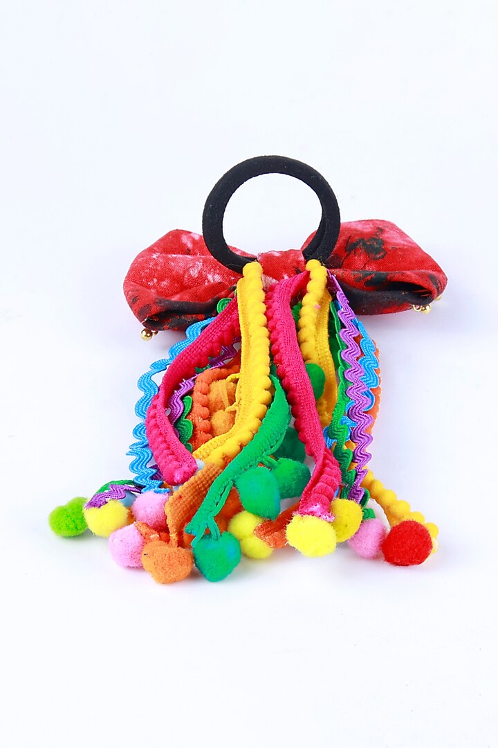 Red Cotton Handcrafted Pom-Pom Bow Hair Clip For Girls by CHOKO at Pernia's Pop Up Shop