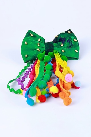 Green Cotton Handcrafted Pom-Pom Bow Hair Clip For Girls by CHOKO