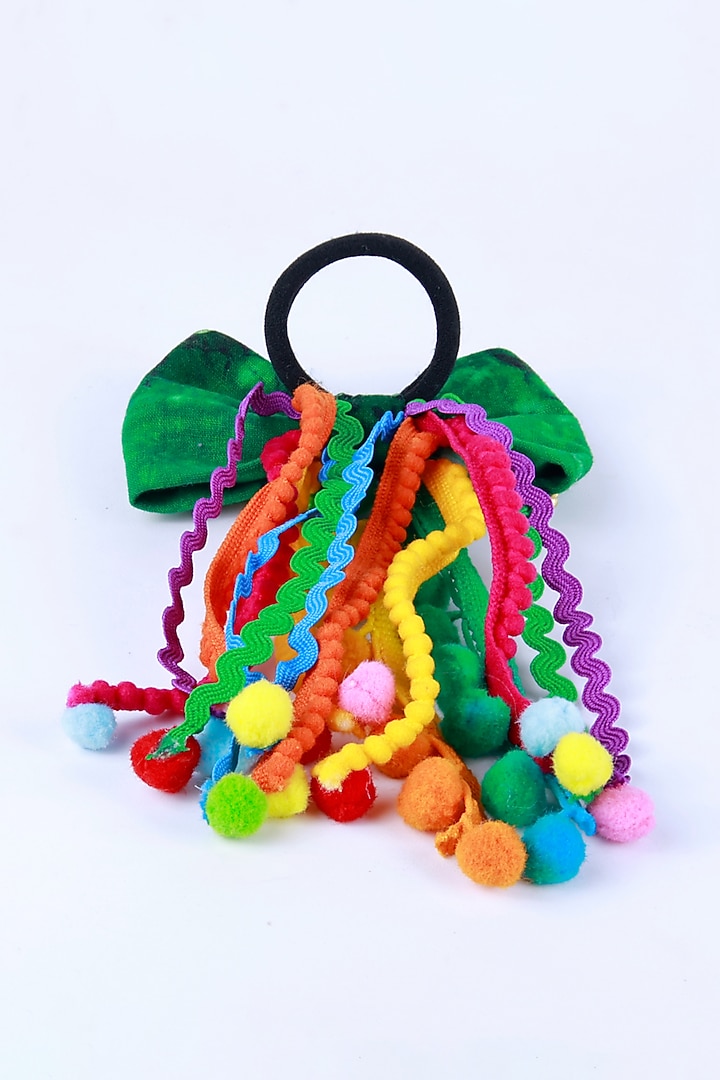 Green Cotton Handcrafted Pom-Pom Bow Hair Clip For Girls by CHOKO at Pernia's Pop Up Shop