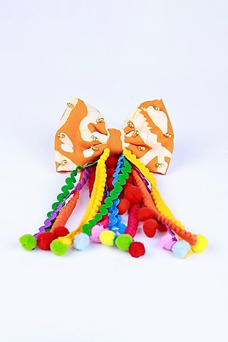 Orange Cotton Handcrafted Pom-Pom Bow Hair Clip For Girls by CHOKO