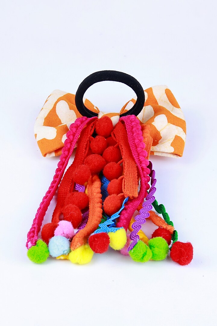 Orange Cotton Handcrafted Pom-Pom Bow Hair Clip For Girls by CHOKO at Pernia's Pop Up Shop