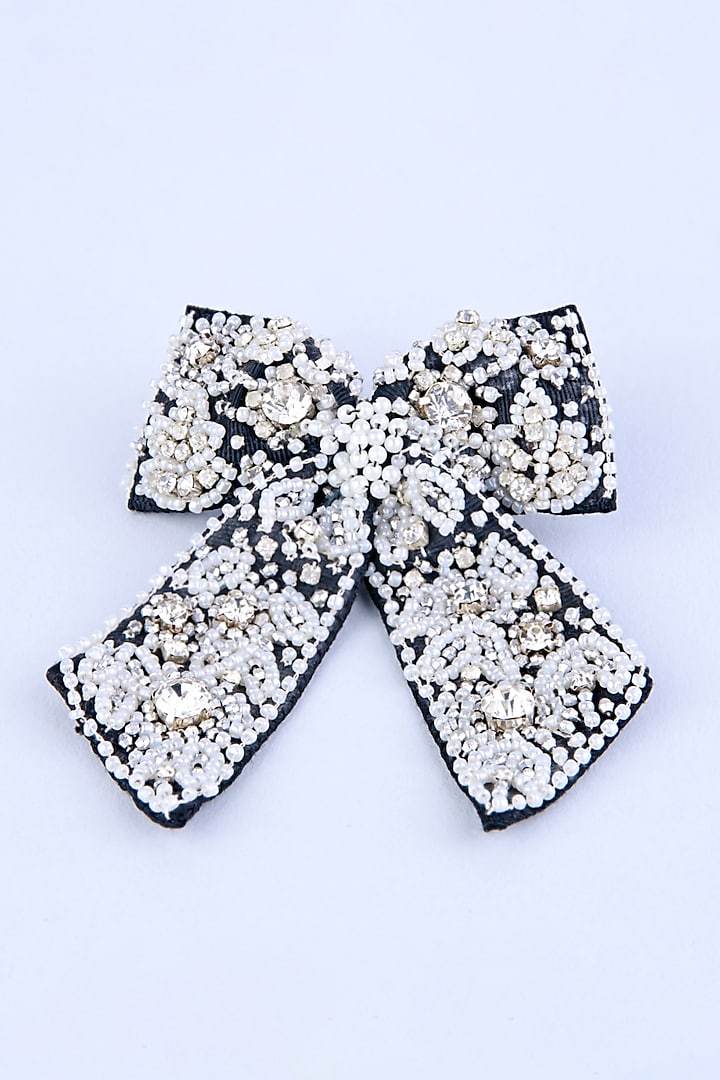 Black Bead & Pearl Embroidered Handcrafted Bow Hair Clip For Girls by CHOKO