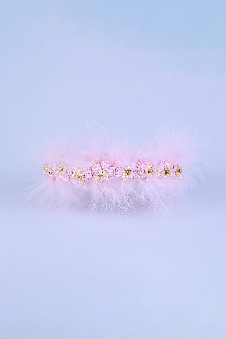 Pink Fur Pearl & Crystal Embellished Handcrafted Hairband For Girls by CHOKO at Pernia's Pop Up Shop
