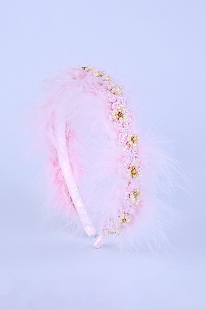 Pink Fur Pearl & Crystal Embellished Handcrafted Hairband For Girls by CHOKO