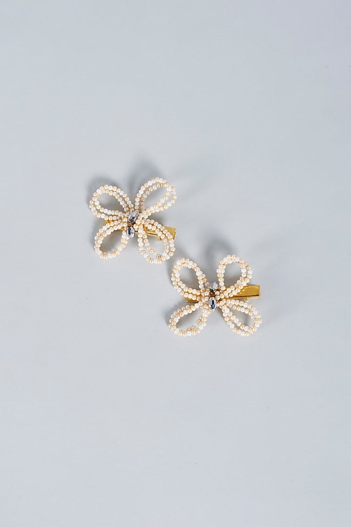 White & Beige Embellished Handmade Hairclips (Set of 2) For Girls by CHOKO at Pernia's Pop Up Shop