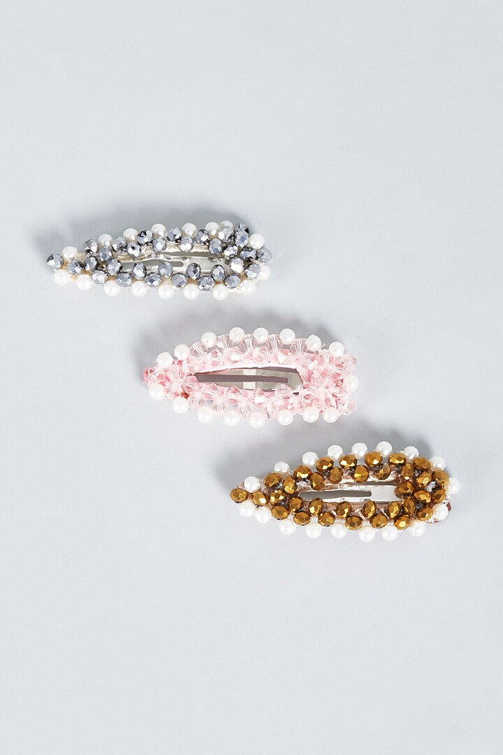 Gold, Pink & Silver Embellished Handmade Hairclips (Set of 3) For Girls by CHOKO at Pernia's Pop Up Shop