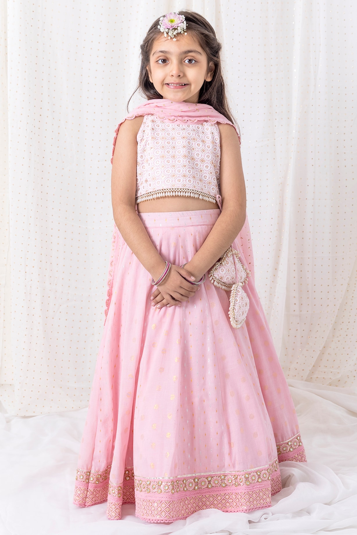 Pastel Pink Embroidered Lehenga Set For Girls by Chotibuti at