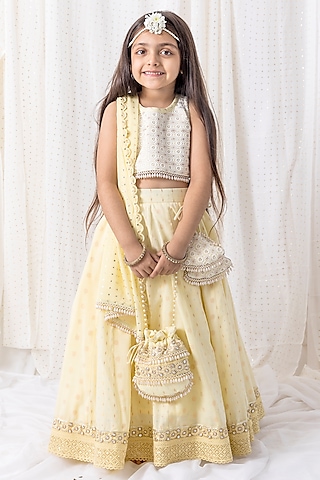 Pastel Yellow Cotton Thread Embroidered Lehenga Set For Girls by Chotibuti