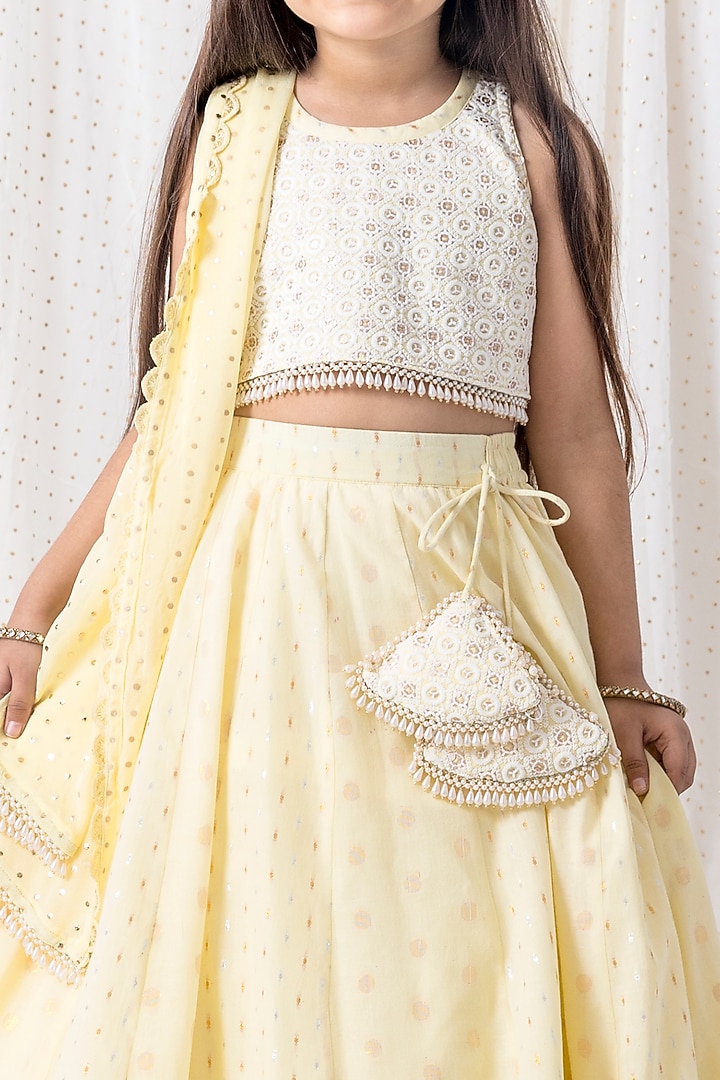Pastel Yellow Cotton Thread Embroidered Lehenga Set For Girls by Chotibuti at Pernia's Pop Up Shop