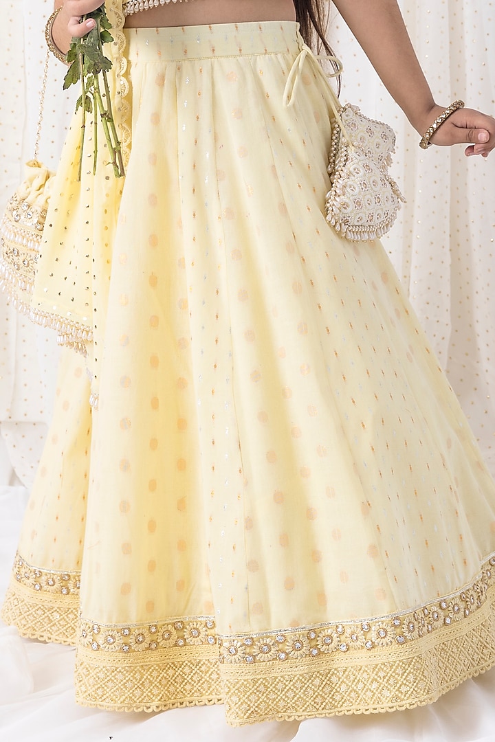 Pastel Yellow Cotton Thread Embroidered Lehenga Set For Girls by Chotibuti at Pernia's Pop Up Shop